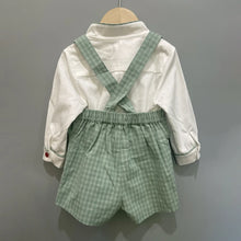 Children's Boutique Clothing Autumn Toddler Boys Cotton Long Sleeve Set White Shirt Green Plaid Bib Pants British Style