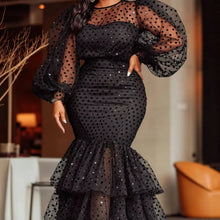 Women's Polka Dot Sheer Organza O Neck Long Lantern Sleeve Ruffles Dress