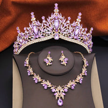 3 Pcs Princess Wedding Crown Jewelry Sets and Tiaras Green Pink Bride Necklace Earrings Set Girls Prom Birthday Accessory