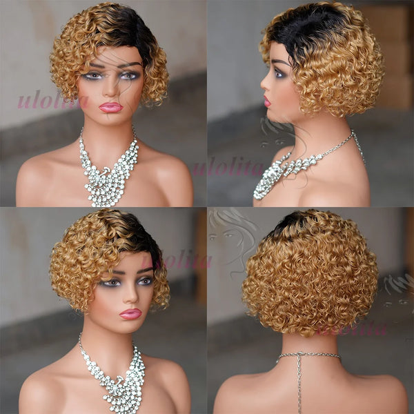 Ombre Blonde T1B27Pixie Cut Short Curly Bob Side Part Non Lace Front 100% Brazilian Human Hair Wigs