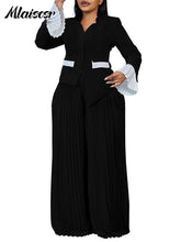 Mlaiscsr Elegant 2 Piece African Women Long Sleeve V-neck Top and Long Wide Legs Pant Matching Sets 2025 Spring OL Outfits