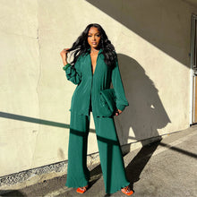 QFAF Fashion Pleated Women's Set Long Sleeve Oversized Shirt and Wide Leg Pants 2023 Elegant Tracksuit Two 2 Piece Set Outfits