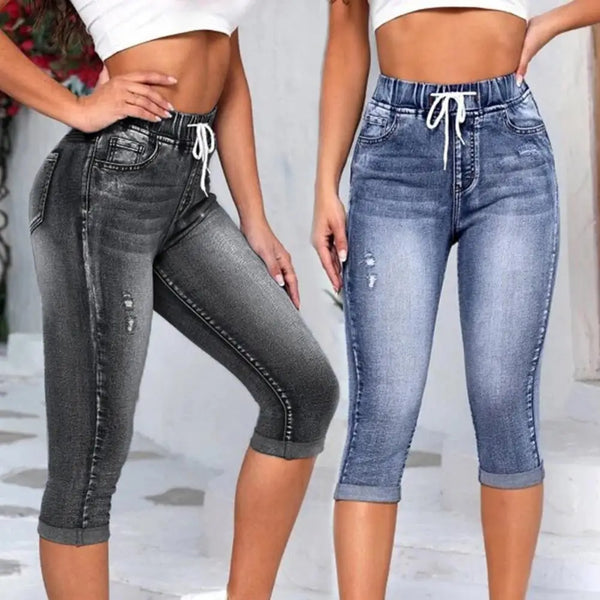 2024 High Waist Jeans Women Leggings Vintage Elastic High Waist Drawstring Pockets Denim Pants Calf Length Jeans Slim Fit Capris