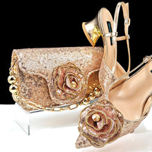 QSGFC Shiny Gold Color Shoes and Bag Elegant Handbags and Medium Heel Shoes Beautiful Handmade Flowers For Wedding Party