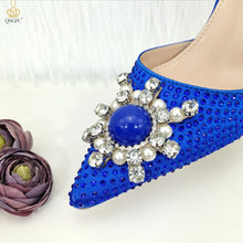 JMF New arrive Italian Design Blue Women's Fashion Rhinestone Pearl Point Toe Stiletto Heels Sandals Women's Shoes & Bag Set