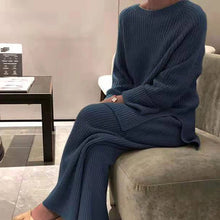 Women Elegant O Neck Loose Sweater and Wide Leg Knitting Trousers Suits Autumn Winter Two Piece Set Vintage Solid Jumper Outfits