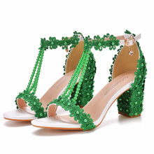 Plus Size 34-43 Shoes for Women Summer Lace Flower Sandals Peep Toe Fashion String Bead High Heel Party Wedding Evening Shoes