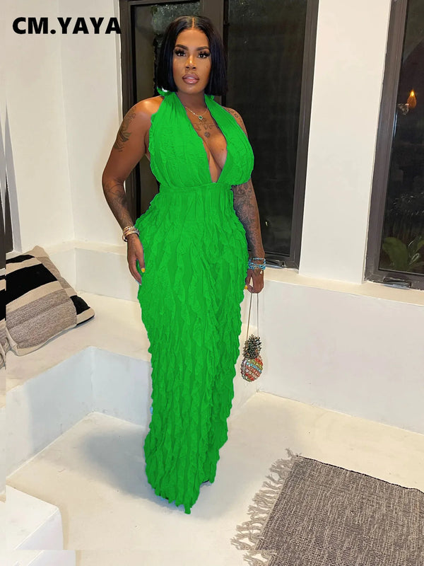 CM.YAYA Fashion Women Wave Ruffles Halter Deep V-neck Backless Sleeveless Wide Leg Jumpsuit 2023 Sexy Party Club Romper Playsuit