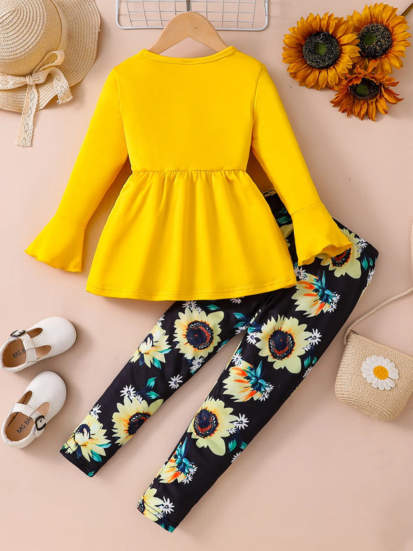 Spring and Autumn girls fashion outdoor casual 2-piece set solid color round neck flared sleeve hem pleated shirt + printed tigh