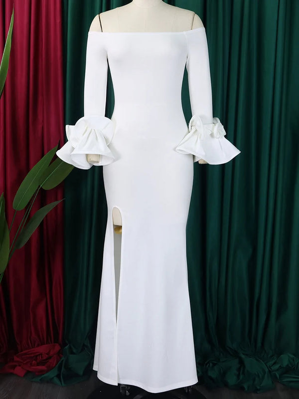 FairyShely Solid 2025 Off Shoulder Plus Size Dress Women Long Sleeve Large Big Bodycon Dresses Lady Party Tight Curvy Dress