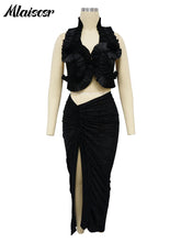 Mlaiscsr Elegant Pleated Ruffle Black Dress Set for Women Sexy Crop Top and Split Skirts Two 2 Piece Matching Club Prom Outfits
