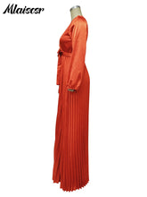 Mlaiscsr Elegant Wedding Guest Pleated Long Dress Women V Neck Lantern Sleeves Sashes Big Swing Sexy Birthday Party Evening Robe