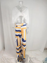 Summer New Printed Pants Sets Women Fashion Raglan Sleeves V-neck Cropped Top High Waist Wide Legs Trousers Two Piece Set Female