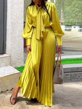 Two Piece Sets Women Outfits V Neck Lace Up Long Lantern Sleeve Tops Wide Leg Pleated Trousers Streetwear Party Causal Pant Sets