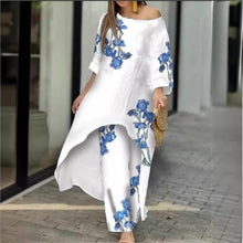 Women's Fashion Spring/Summer Casual Loose Irregular Printed Nine Sleeve Round Neck Shirt High Waist Wide Leg Pants 2-piece Set
