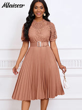 Mlaiscsr Elegant Luxury Wedding Guest Pleated Dresses with Belt Women O Neck Lace Patchwork Short Sleeve Birthday Party Robe New