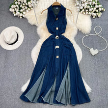 Denim Dress Women Long Dresses Turn Down Collar Sleeveless Party Club Hollow Out Jeans High Waist Slim Single Breasted Vestidos
