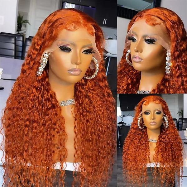 13x4 13x6 200 Density Transparent HD Lace Front Wig for Women Deep Wave Remy Human Hair  Ginger Orange 350 Color Glueless