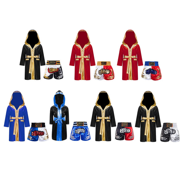 Kids Boys Boxing Sets Sports Outfits Halloween Cosplay Costume Long Sleeve Open Front Robe Satin Hooded Cloak with Belt Shorts
