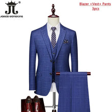 High-end Brand Classic Blue or Gray Plaid Men's Casual Business Suit Retro Official Suit Groom Wedding Dress Jacket Vest Pants