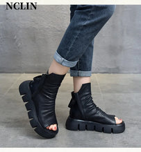 2024 New Summer Women Sandals Round Toe Chunky Heel Platform Shoes Genunine Leather Cover Heel GLADIATOR Sandals Women Handmade