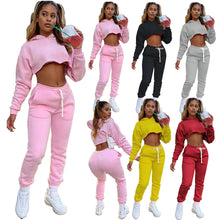 Women's Fitness Running Sets Fleece Long Sleeve Cropped Hoodies+Jogger Tracksuit