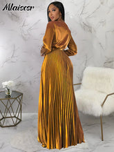 Mlaiscsr Elegant Wedding Guest Pleated Long Dress Women V Neck Lantern Sleeves Sashes Big Swing Sexy Birthday Party Evening Robe