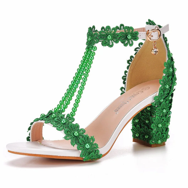 Plus Size 34-43 Shoes for Women Summer Lace Flower Sandals Peep Toe Fashion String Bead High Heel Party Wedding Evening Shoes