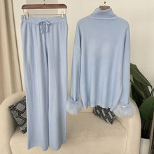 Fashion Autumn Winter Natural Real Fox Fur Cuffs Coat Knitted Sweater Women Long Pants Set Jacket Thick Warm