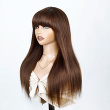 Sleek Human Hair Wigs With Bang Brazilian Straight Red Burgundy Human Hair Wigs Brown Color 4# For Black Women None Lace Wigs