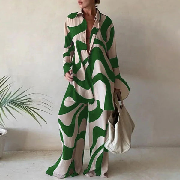 Women Set Autumn Long Sleeve Lapel Printed Casual Fashion Elegant Beach Loose Wide Leg Trousers Ladies Two Piece Suits Pant Sets