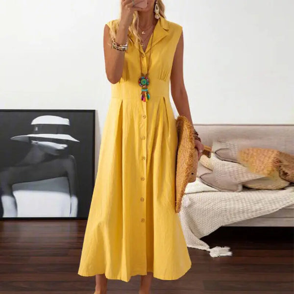 Women Cotton Linen Long Dress Summer Sleeveless Buttons Turn-down Collar Shirt Dress Loose Neck Temperament Office Dresses 2024