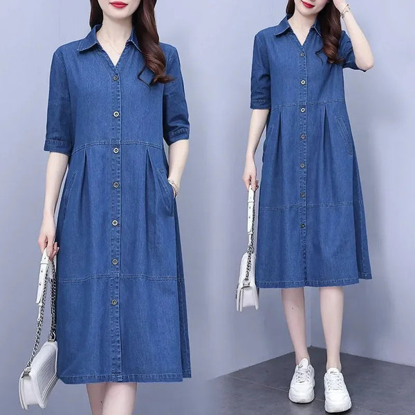 Oversized 5XL Single Breasted Denim Dress For women 2024 Summer New Short sleeved Shirt Denim Dresses Female Casual Clothes