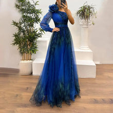 2024 Womens Evening Dress One Shoulder Pleated Pleated Mesh Single Long Sleeve Slim Waist A-line Floor Length Slit Banquet Dress