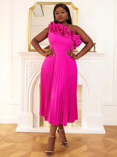 Summer One Shoulder Ruffle Pleated Dress Trendy Plus Size Sleeveless A Line Flowy Midi Dresses Cocktail Bridesmaid Wedding Guest