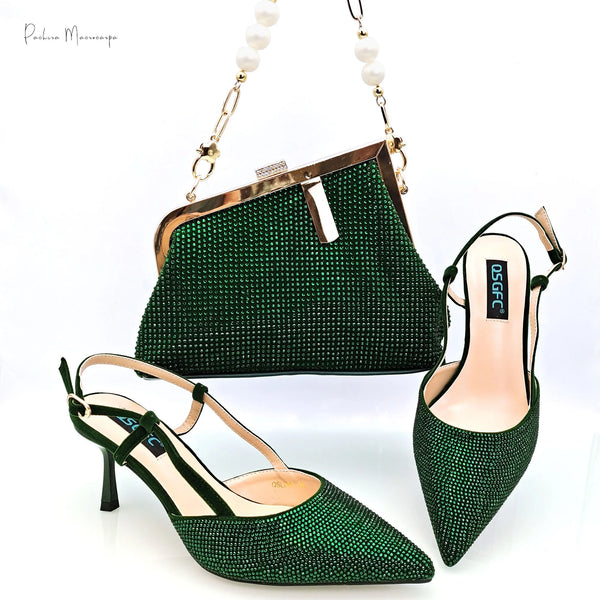 New Arrival Fashion Elegant Green Color Ladies Shoulder Bag for Party Or Commuting Large Capacity Ladies Bag and High Heels