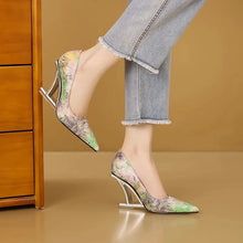 Spring Pumps Women Shoes Flower Totem Slip-On Shallow Shoes Wedding Party Pointed Toe High Heels Pump Femme Special-shaped Heel