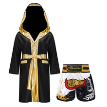 Kids Boys Boxing Sets Sports Outfits Halloween Cosplay Costume Long Sleeve Open Front Robe Satin Hooded Cloak with Belt Shorts