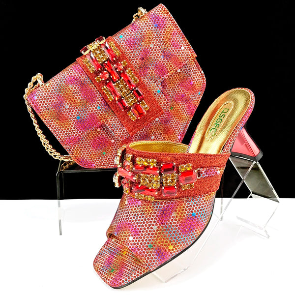 Italian Fashionable Square toe Women Heels Rhinestone Decoration Shoe and Bag set