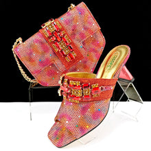 QSGFC Italian Fashion Square toe Women Strange Heels Bigger size Fashion Rhinestone Decoration Brown Shoes And Bag set Party bag