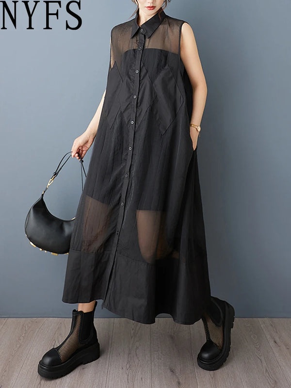 NYFS 2025 Summer New Loose plus Size Organya splicing sleeveless Shirt Dress Robe Elbise Korean Style Women Dress