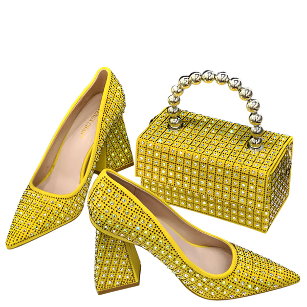Venus Chan-Nigerian Heel Party for Women Yellow Shoes and Bag Set Rhinestone Handbag Italian Design Wedding INS 2024