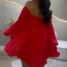 Women's Sexy One Shoulder Pleated Chiffon Long Sleeve Shorts 2 Piece Fashion Loose Shawl Sleeves Elegant Female Beach Shorts Set