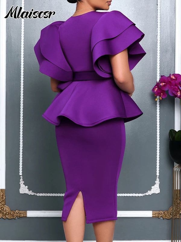 Mlaiscsr Elegant Evening Purple Mid Dress Women V-neck Ruffled Short Sleeved Lace Up Waist Bag Buttocks African Birthday Robe