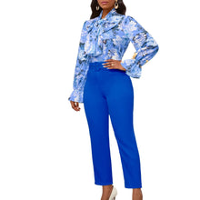 Fashion Print Two Piece Set Women Office Suits Tie Bow Neck Button Shirt + Belt Pencil Pants Elegant Slim Lady Sets Casual shirt