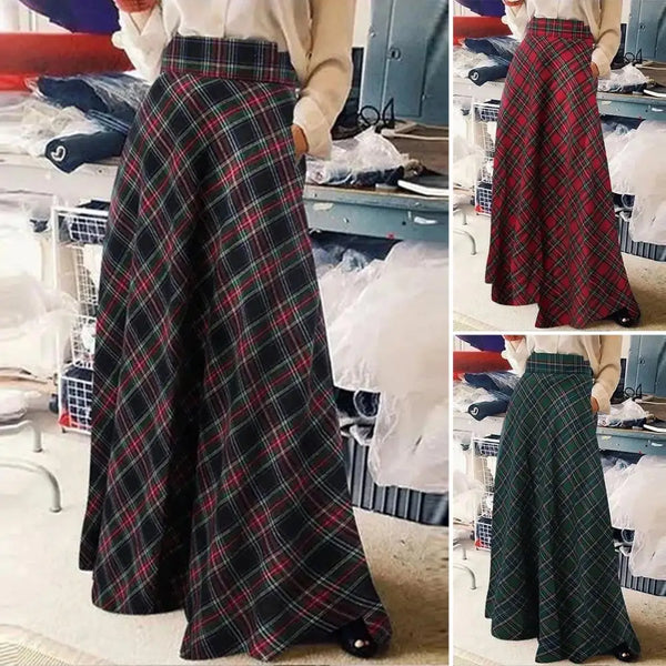 Women High Waist Maxi Skirt A-Line Plaid Print Oversized Women Spring Skirt Floor Length Large Hem Skirt