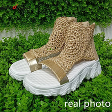 2024 Hot Seller New Gold Knitted Sandals for Women Braided Elastic Summer Shoes Mesh Flat Bottom Hollow Out Female Sandals