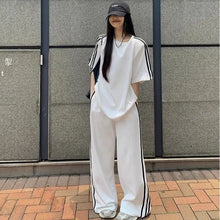 Spring/Summer Loose Casual Set Women's Stripe Short Sleeved T-shirt Wearing Floor Sweeping Wide Legged Pants Two Piece Set