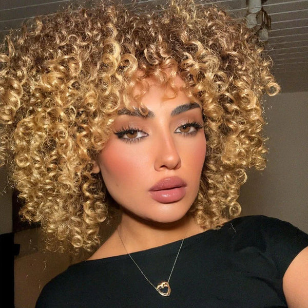 Blonde Curly Wigs for Women Short Afro Kinky Curly Wigs with Bangs Synthetic Heat Resistant Hair Replacement Wig with Wig Caps