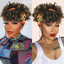 Short Kinky Curly Headband Wig Afro Puff Curly Headband Wig with Bangs for Women Natural Ombre Blonde Synthetic Turban Wrap Wig